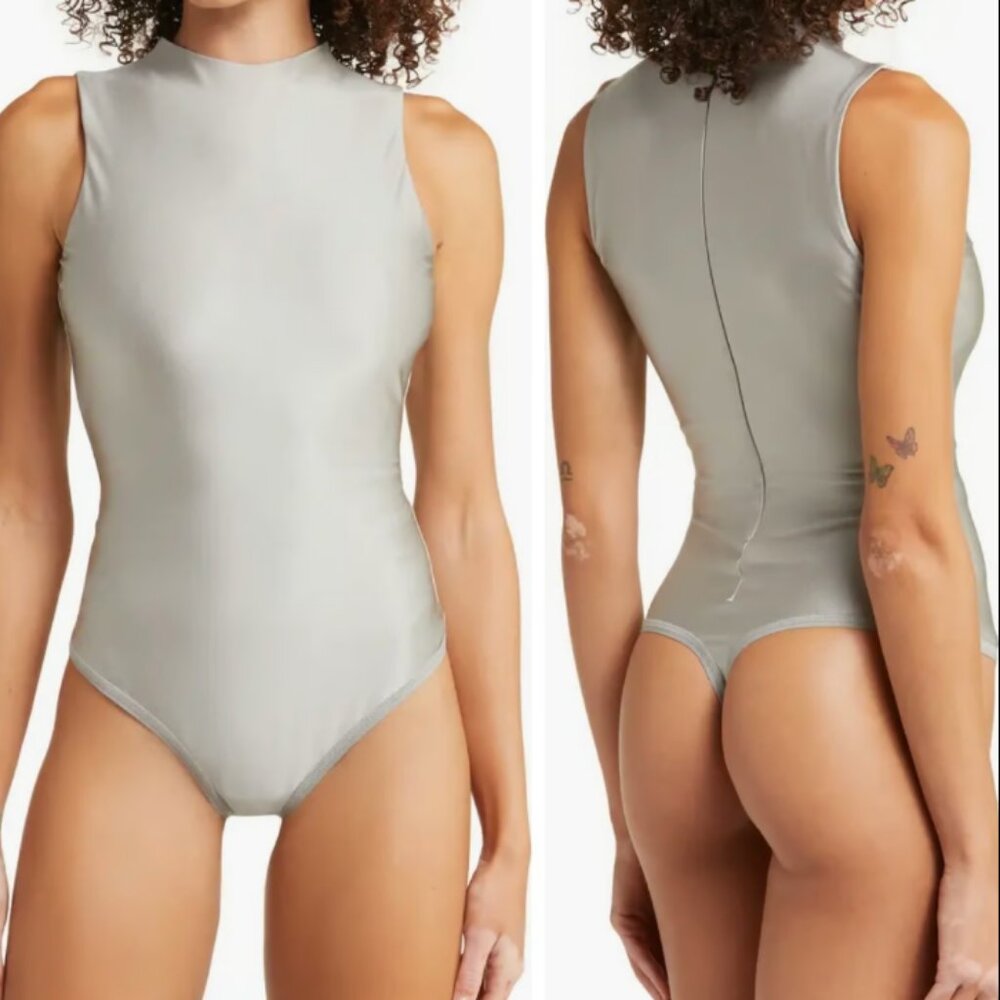 SKIMS Disco Mock Neck Sleeveless Silver Thong Bodysuit